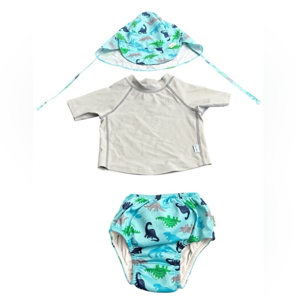 Baby Dinosaur Swim Set - Blue & Gray Sunshirt, Hat, Swim Diaper- 18 months